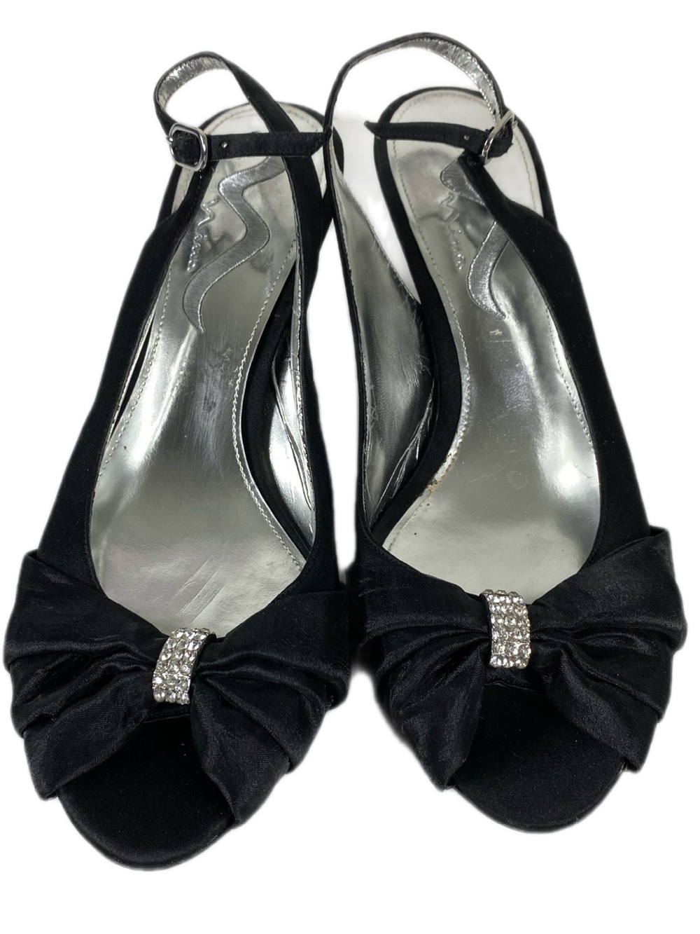 Nina Black Satin Slingback Heels with Rhinestone Bow Accent Kitten Heels Size 10